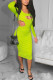 Fluorescent Green Sexy Solid Hollowed Out O Neck Pencil Skirt Dresses