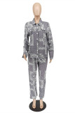 Grey Fashion Casual Print Cardigan Pants Turndown Collar Long Sleeve Two Pieces