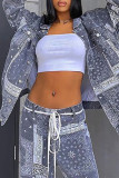 Grey Fashion Casual Print Cardigan Pants Turndown Collar Long Sleeve Two Pieces