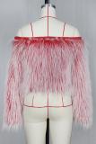 White Artificial fur One word collar Long Sleeve Solid Long Sleeve Tops