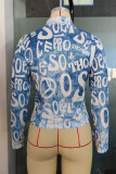 Blue Fashion Casual Print Basic Turndown Collar Tops
