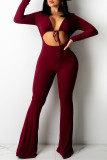 Green Sexy Casual Solid Bandage Hollowed Out V Neck Regular Jumpsuits