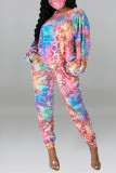 Pink Fashion Casual Print Basic O Neck Long Sleeve Two Pieces