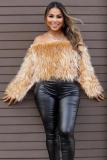 White Artificial fur One word collar Long Sleeve Solid Long Sleeve Tops