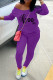 Purple Fashion Casual Print Basic Oblique Collar Long Sleeve Two Pieces