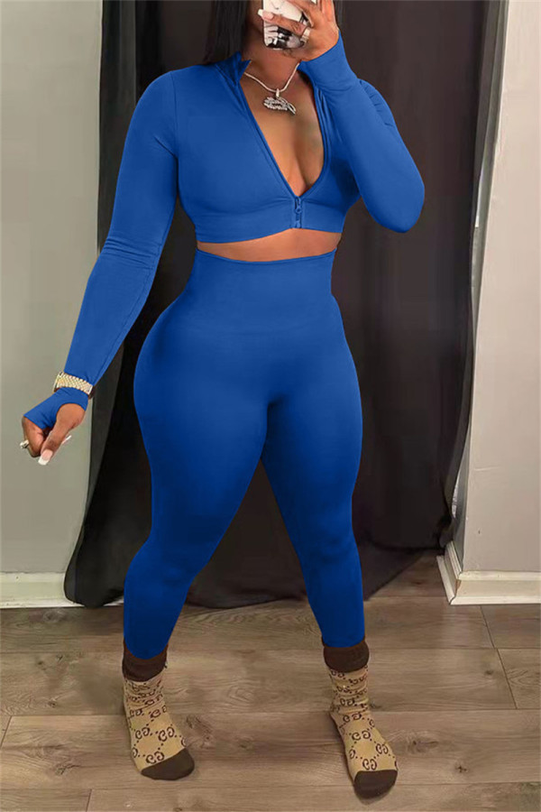 Blue Fashion Casual Solid Basic Zipper Collar Long Sleeve Two Pieces