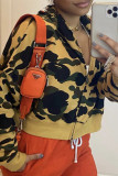 Green Fashion Casual Print Patchwork Zipper Hooded Collar Outerwear