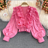 White Casual Sweet Solid Split Joint Flounce V Neck Tops