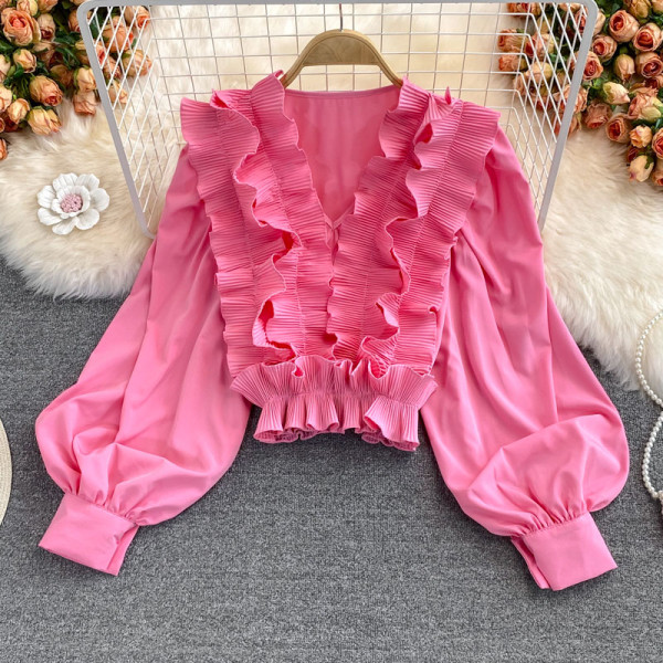 Pink Casual Sweet Solid Split Joint Flounce V Neck Tops