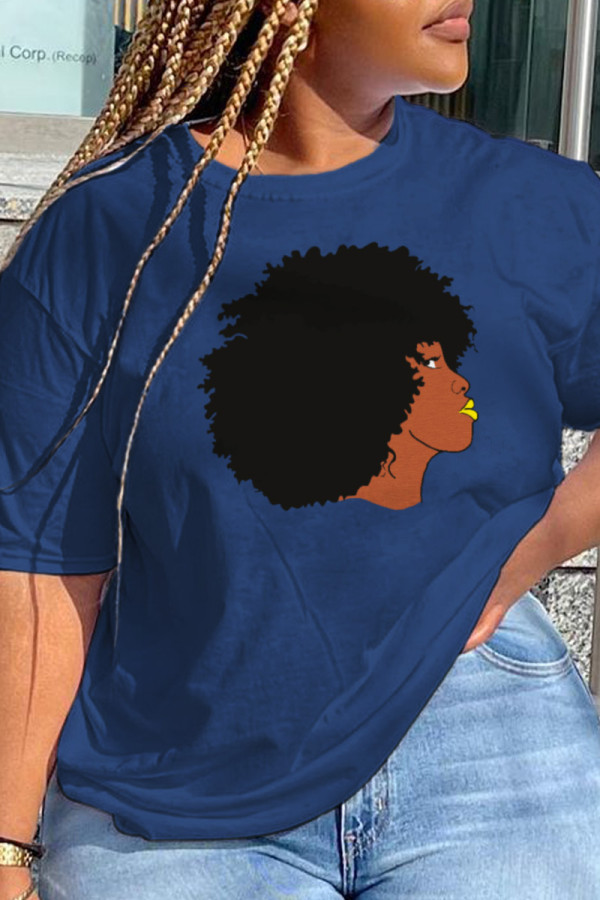 Navy Blue Daily Cute Print Patchwork O Neck T-Shirts