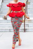 Red Elegant Print Patchwork Flounce Off the Shoulder Pencil Skirt Dresses(Without Belt)