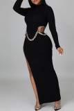 Brown Fashion Sexy Solid Hollowed Out Slit O Neck Long Sleeve Dresses (Without Waist Chain)