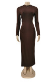 Brown Fashion Sexy Solid Hollowed Out Slit O Neck Long Sleeve Dresses (Without Waist Chain)