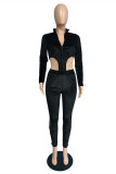 Black Sexy Patchwork See-through Asymmetrical Zipper Collar Long Sleeve Two Pieces