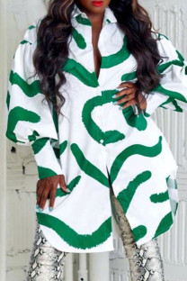 Green Fashion Casual Print Basic Turndown Collar Long Sleeve  Shirt Dress