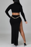 Brown Fashion Sexy Solid Hollowed Out Slit O Neck Long Sleeve Dresses (Without Waist Chain)