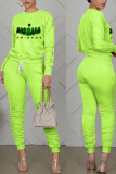 Fluorescent Green Casual Print Split Joint Fold O Neck Long Sleeve Two Pieces