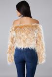 White Artificial fur One word collar Long Sleeve Solid Long Sleeve Tops