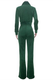 Dark Green Fashion Casual Patchwork Cardigan Pants Zipper Collar Long Sleeve Two Pieces