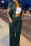 Ink Green Fashion Casual Solid Cardigan Pants Turndown Collar Long Sleeve Two Pieces