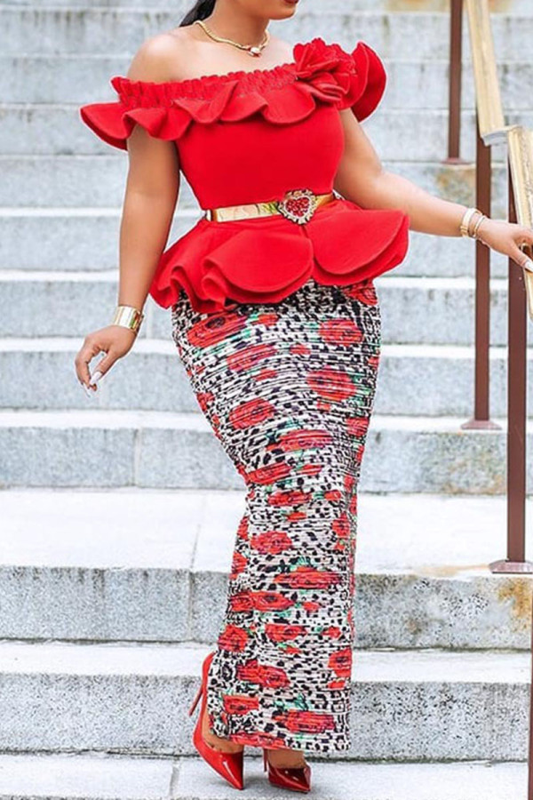 Red Elegant Print Patchwork Flounce Off the Shoulder Pencil Skirt Dresses(Without Belt)