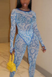 Blue Fashion Sexy Adult Print Patchwork See-through O Neck Long Sleeve Regular Sleeve Regular Two Pieces