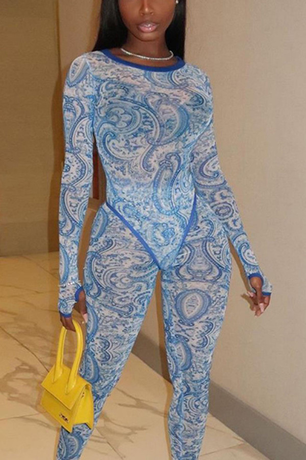 Blue Fashion Sexy Adult Print Patchwork See-through O Neck Long Sleeve Regular Sleeve Regular Two Pieces