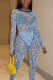 Blue Fashion Sexy Adult Print Patchwork See-through O Neck Long Sleeve Regular Sleeve Regular Two Pieces