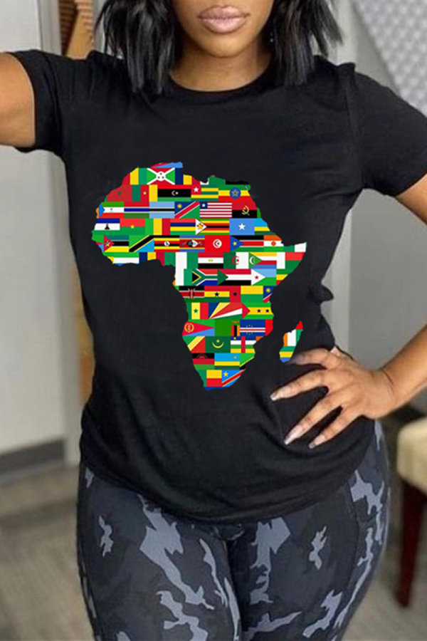 Black Fashion Casual Print Basic O Neck T-Shirts