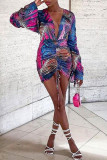 Colour Fashion Casual Print Draw String V Neck Long Sleeve Dresses