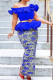 Blue Elegant Print Patchwork Flounce Off the Shoulder Pencil Skirt Dresses(Without Belt)