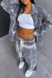 Grey Fashion Casual Print Cardigan Pants Turndown Collar Long Sleeve Two Pieces