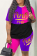 Black Casual Print Patchwork O Neck Short Sleeve Two Pieces
