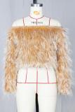 White Artificial fur One word collar Long Sleeve Solid Long Sleeve Tops