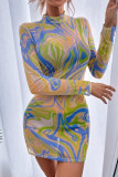 Multicolor Fashion Sexy Print See-through Half A Turtleneck Long Sleeve Dresses