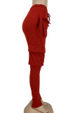 Red Street Solid Split Joint Pocket Straight High Waist Straight Patchwork Bottoms