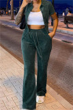 Ink Green Fashion Casual Solid Cardigan Pants Turndown Collar Long Sleeve Two Pieces