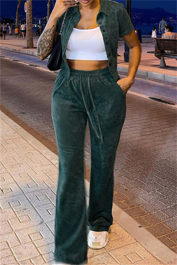 Ink Green Fashion Casual Solid Cardigan Pants Turndown Collar Long Sleeve Two Pieces