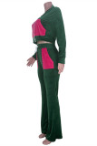 Dark Green Fashion Casual Patchwork Cardigan Pants Zipper Collar Long Sleeve Two Pieces
