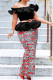Black Elegant Print Patchwork Flounce Off the Shoulder Pencil Skirt Dresses(Without Belt)