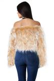 White Artificial fur One word collar Long Sleeve Solid Long Sleeve Tops