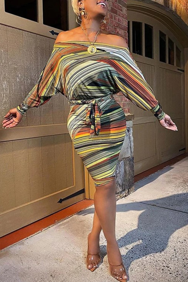 Yellow Fashion Casual Print Backless Off the Shoulder Long Sleeve Dresses