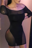 Black Fashion Sexy Patchwork See-through Off the Shoulder Long Sleeve Dresses