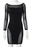 Black Fashion Sexy Patchwork See-through Off the Shoulder Long Sleeve Dresses