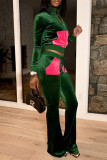 Dark Green Fashion Casual Patchwork Cardigan Pants Zipper Collar Long Sleeve Two Pieces