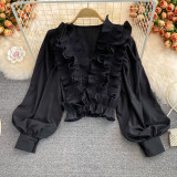 White Casual Sweet Solid Split Joint Flounce V Neck Tops