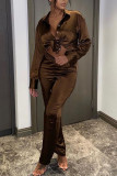 Coffee Casual Solid Patchwork Buckle Turndown Collar Long Sleeve Two Pieces