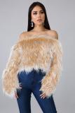 White Artificial fur One word collar Long Sleeve Solid Long Sleeve Tops