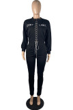 Black Fashion Letter Print Patchwork Cross Straps O Neck Long Sleeve Batwing Sleeve Regular Two Pieces