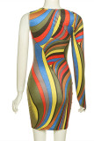 Colour Fashion Sexy Print Asymmetrical Oblique Collar Long Sleeve Dresses